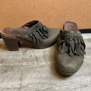Dansko Deni Studded Leather Fringe Clog Mule Olive Green Women's EU 41 / US 10.5